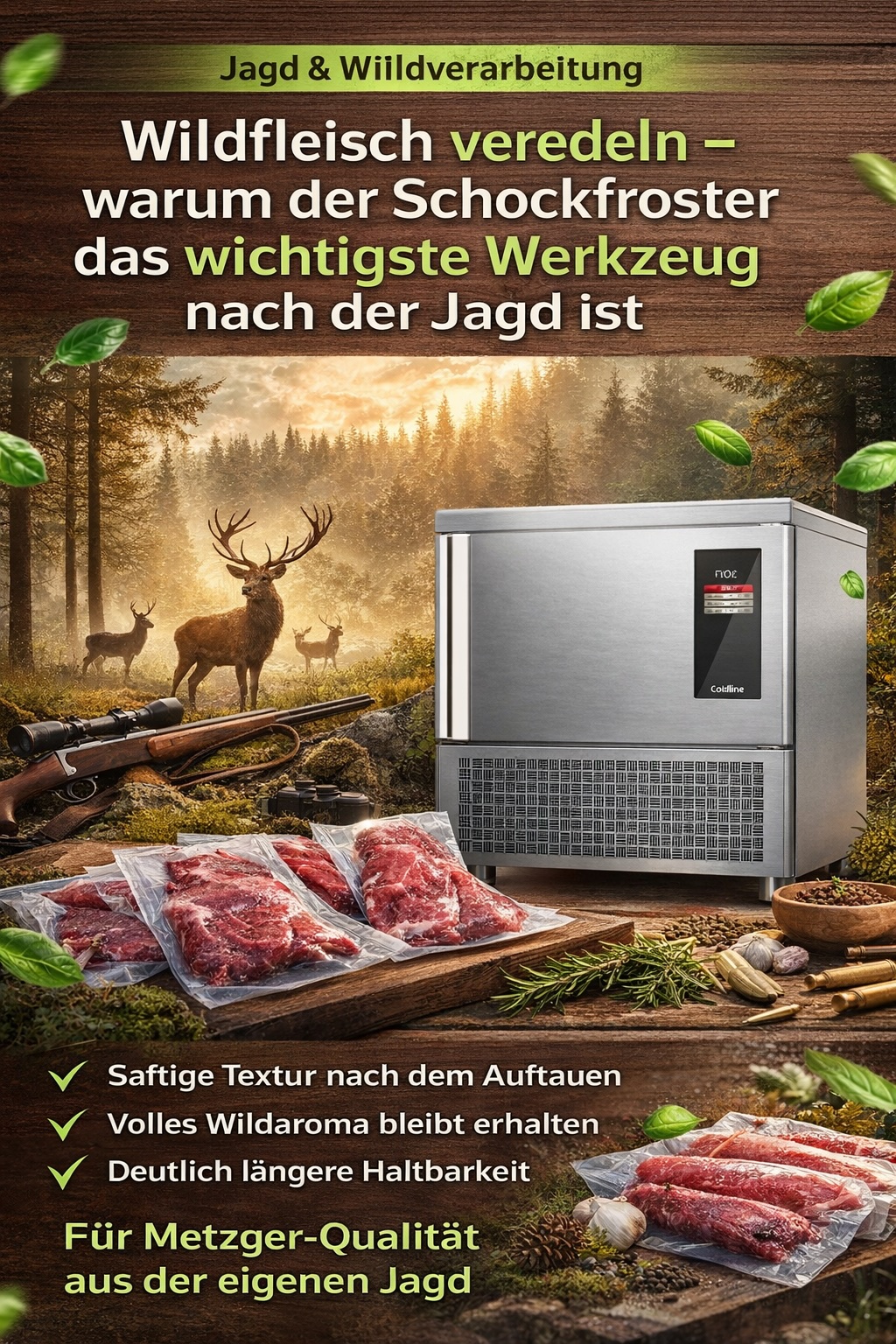 Warum Schockfrosten nach der Jagd entscheidend ist: Wildfleisch aromatisch, saftig und sicher haltbar machen – professionelle Qualität für Jäger.
