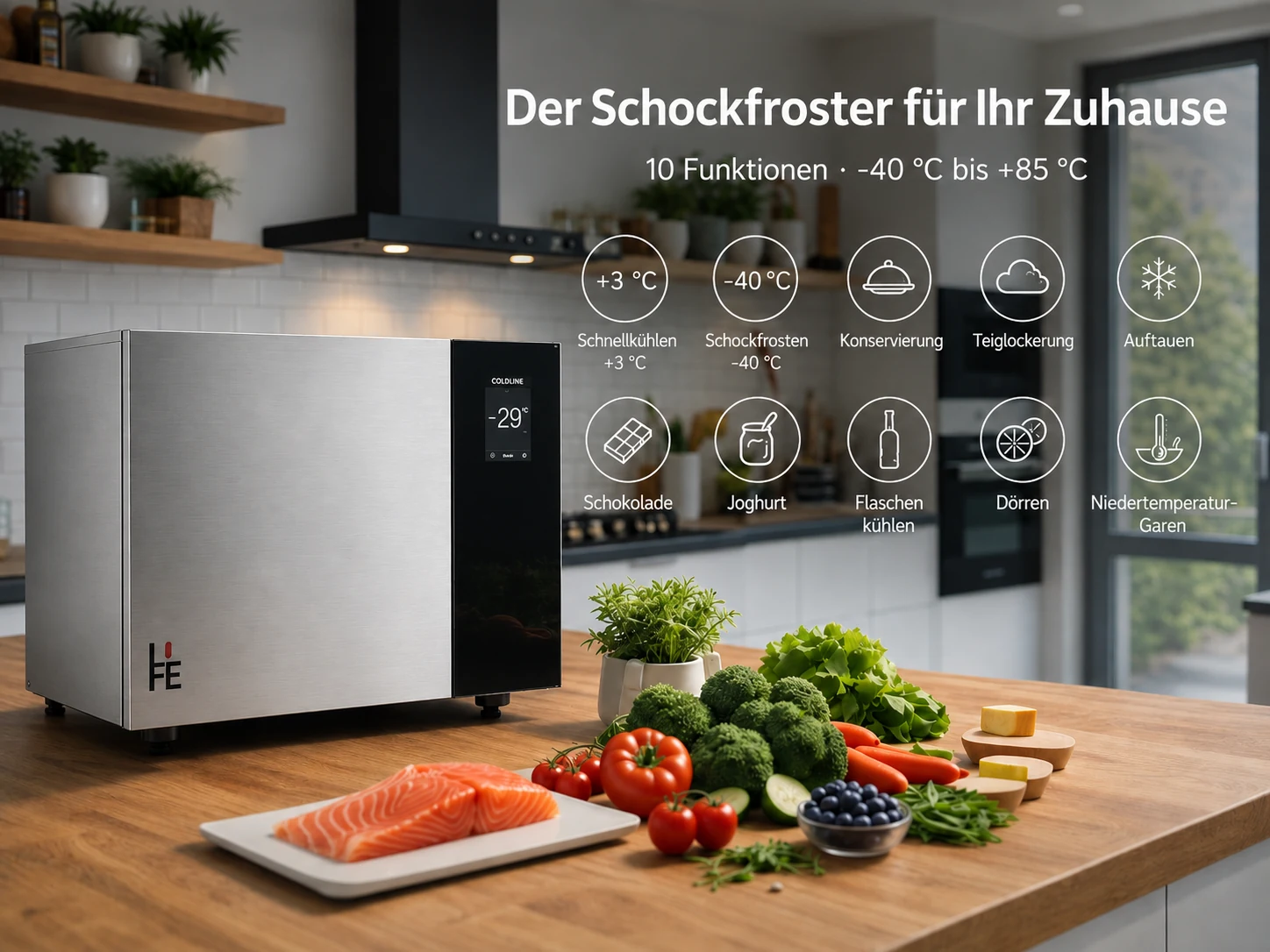 Coldline LIFE W30PRO Schockfroster in einer Wohnküche – die 10 Funktionen von −40 °C bis +85 °C im Überblick